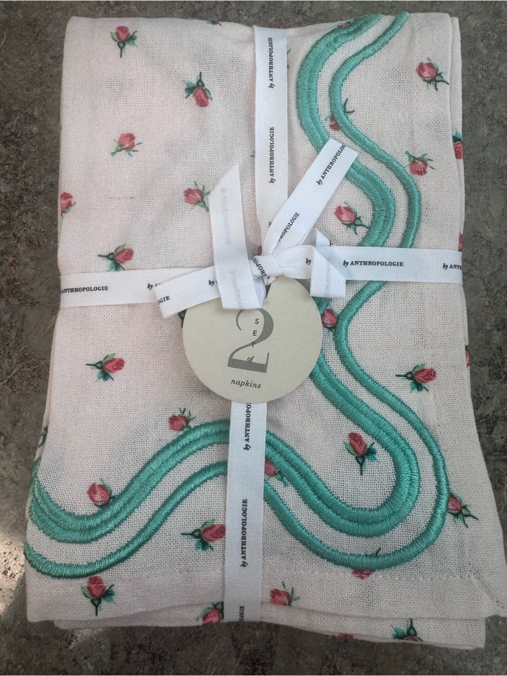 Anthropologie Rose Napkins with Mint Green Embroidered Trim